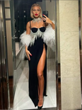 Black Cupped Cut-Out Rhinestone Tassel Maxi Dress-Outfit