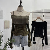 Real Shooting Of Waste Soil Wind Word Leakage Collar Collar Collar To Make Old Hole Sling Knitted Shirt With Short Sweater