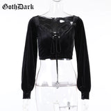 Dark Romantic Gothic Velvet Women Crop T-Shirts Black Bandage Lace Patchwork Sexy Tops Lantern Sleeve Retro Ladies