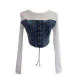 Real Shooting Denim Splicing Mesh Design Long-Sleeved T-Shirt Wearing Rope Tie Short Repair Body Coat