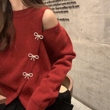 Fongt New Year Red Sweater Female 2024 New Korean Version Loose Sweet Bow Knot Pin Button Round Collar Top-Outfit