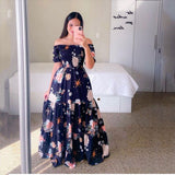 Fongt New Spring And Summer Women's Dress A Word Broken Shoulder Long Printed Fairy