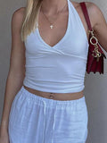 Ruched Plunge Halter Top-Outfit