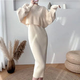 2022 New Fall/Winter Bat Sleeve O-Neck Soft Sweater + Women's Knitted Vest Long Dress Two-Piece Dress
