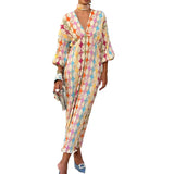 Fongt Women's Wear Temperament Elegant Printing Elegant V-Neck Lantern Half Sleeve A Line Dress