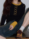 Fongt Design Sense Black Collar Splicing Woman 2025 Autumn High-End Temperament Waist Repair Knitted Long-Sleeved Top