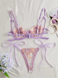 Ribbon Tie Up Embroidery Flower Half Cup Lingerie Set-Outfit