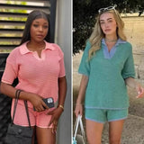 Fongt Shirt Loose Blouse Draw Rope Shorts Knitted Women's Two-Piece Fashion Casual