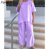 2023 New Women's Sling with Loose Shirt, Wide-leg Trousers Two-piece New In Matching Sets Set Woman 2