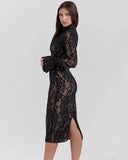 Black Lace Front Slit Long Sleeve Midi Dress-Outfit