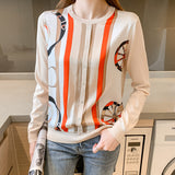 Fongt Knit Long Sleeve Splicing Knit Sweater Women's Autumn 2023 New Silk Top Style Casual Head Sweater-Outfit