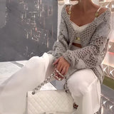 Fongt 2023 New Solid Color Fashion Hollow-Out Sweater Fashion Versatile Long Sleeve Sweater-Outfit