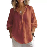Fongt New Solid Color Leisure Loose Size V Collar Long Sleeve Top Shirt Woman