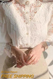 Petal Sleeve Lace Blouses Women Hollow Out Patchwork Stand Collar Shirts Ladies Top White Flower Blouse Female Blusas
