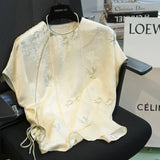 Chinese Style High-End Short-Sleeved Bat Sleeve Shirt Women's 2024 Summer New Disc Button Round Neck T-Shirt-Outfit
