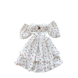 Fongt Spring And Summer Sweet Shoulder Slings Bubble Short Sleeve Cherry Print Waist Dress Women's Wooden Ear Short Skirt