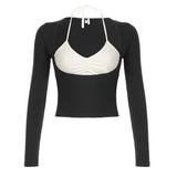 Black Two-piece Halter Patchwork Top-Outfit