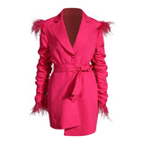 TWOTWINSTYLECasual Ruched Blazer Dress For Women Notched Long Sleeve High Waist Lace Up Bowknot Patchwork Tassel Dresses