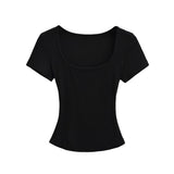 Trend Spice Girls Basic Style Large U-Neck Straight Shoulder Short-Sleeved T-Shirt Slim And Elastic Blouse-Outfit