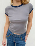 Color Patchwork Short Sleeve Causal T-shirts Crop Tops Summer Streetwear 2023 Women Oneck Slim Fit Basic Tees Shirts-Outfit