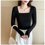 Fongt Square Collar Undershirt With The 2024 New Fall Tight Low Collar Long-Sleeved T-Shirt-Outfit