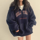 Vintage Embroidery Letter Half Zip Up Hoodie-Outfit