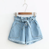 Women Pockets Denim Shorts with Slash 2021 Summer Vintage High Elastic Waist Female Short Pants Mujer