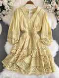 Fongt Dress Women's New French Temperament Thin Design Small V-Neck Lace Single-Drace Ponoved Skirt