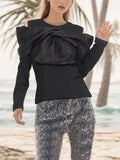 Fongt 2024 New Splice Bow Small Design Sense Black Long-Sleeved T-Shirt Female Careful Machine Off The Shoulder Coat-Outfit