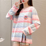 oversized T shirt 2021 autumn Women pink t-shirts korean style rainbow stripe Patchwork embroidery Long Sleeve