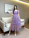 Fongt Gentle Wind And Rags Retro Tea Chiffon Dress Female Waist Temperament Shoulder Bubble Sleeve Mesh Dress