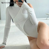 Irregular Hollow Out Bodysuits Women Turtleneck Long Sleeve Bodycon Rompers Autumn Elegant White New Short Body