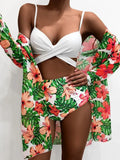 Fongt New 2024 Bikini Gathers The Sexy Mesh Three-Piece Split Print Swimsuit