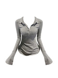 Sexy Club Slim T Shirt Women Lapel Collar Tees Womens Clothing Cotton Long Sleeve Korean Casual Fashion Tops 2023