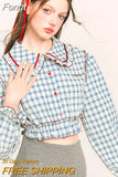 Plaids Peter Pan Collar Patchwork Sweet Shirt Blouse Women Loose All-match Fashion Gentle Femme