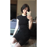 Fongt Niche High-End Set Women's 2025 Summer Body-Repair Short-Sleeved Blouse Mesh Lattice Half-Dressed