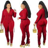 Drawstring Bandage Two Piece Outfits for Women Birthday Party Club Matching Sets Shirt Top and Stacked Pant Sets Undefined-Outfit