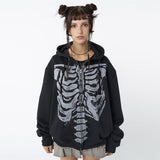 Skeleton Print Zip Up Loose Oversized Hoodie-Outfit