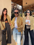 Fongt New Women's Street Personality Gold Beads Jacket Pocket Coat
