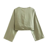 Women Fashion Cross Kink Cutwork Crop Blouses Vintage Short Ruffled Sleeves Wrap Female Shirts And Split Lantern