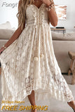 Casual Women V Neck Beach Dress Lace Patchwork Solid Bohemian Maxi Dress Hollow Out Sleeveless Female Slim Tassel