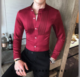Tuxedo Shirts Front Pleated Small Stand Collar Solid Long Sleeve Blouse Male Gentleman Party Wedding Dress Slim Fit