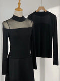 Fongt Show Thin Temperament Mesh Hollow Out Black Bottom Shirt Women's New Slim Half High Collar With Long-Sleeved T-Shirt-Outfit