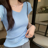 Pink V-Collar Ice Silk Knitted Short-Sleeved T-Shirt Women's New Summer Design Thin Slim Bottomed