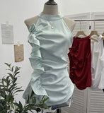 Spicy Design Sleeveless Leaves Three-Dimensional Flower Blouse Atmosphere Slimming Waist