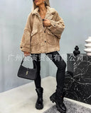 The Ins Hot Ladies Autumn Winter Loose Casual Bubffy Long Sleeve Large Lapel Double Pocket Plush Coat-Outfit