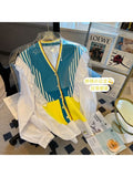 New Fashion Rainbow Striped Stitching Knitted Sweater Korean Style V-Neck Ruffled Long Sleeved Casual Outer Women