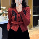 Fongt Design Sense Embroidered Bow Sweater 2024 Autumn / Winter Sweet Printed Cardigan Show Thin Jacket-Outfit