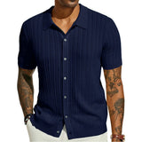 Fongt Men's Casual Knit Shirt Summer New Solid Color Jacket Men's Short Sleeve Lapel Collar Hollow Breathable Men's