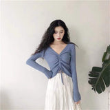 Sping V-neck Shirt Korean Long Sleeve Drawstring Knit Sweater
